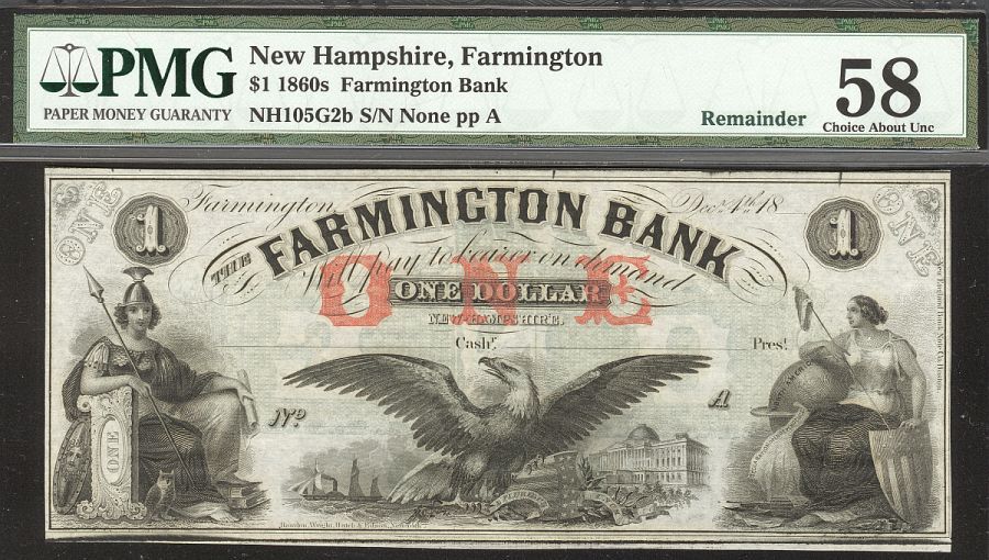 Farmington, NH, Farmington Bank $1, 1860s Remainder, vChAU, PMG-58